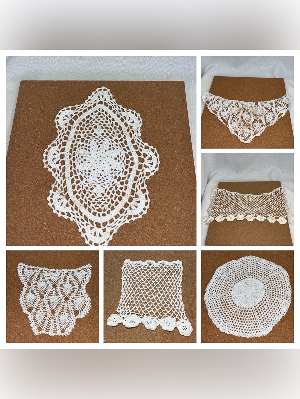Vintage Hand Crocheted Lace Doily Lot 6 White Cotton Table Top Cottagecore Boho